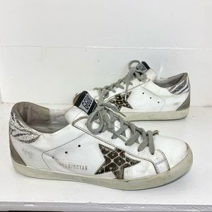 Golden Goose Superstar White Leather Animal Print Leopard Hair Glitter 39 GGDB